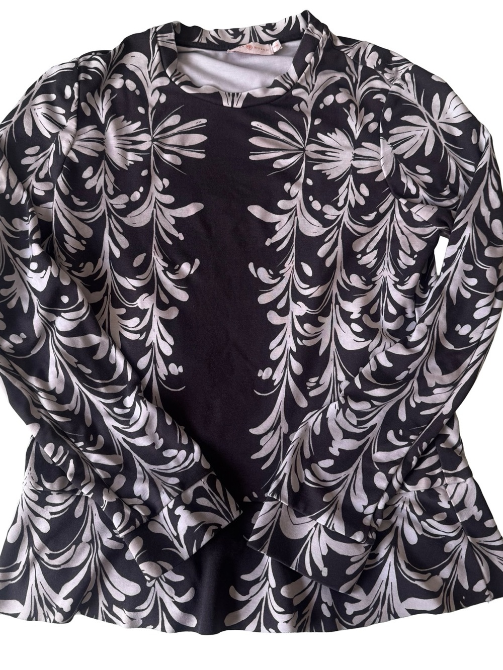 Tory Burch Women’s Black/White Floral Long Sleeve Ruffle Hem Top Size M